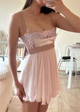 Chic Spaghetti Straps Satin Chiffon Lace Beads Mini Short Homecoming Dress 18th Birthday Outfits HZ1024
