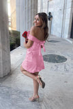 Sweet A Line Off The Shoulder Satin With Bow Mini Short Homecoming Dress 18th Birthday Outfits HZ1024
