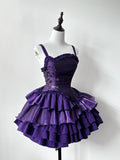 Dark Purple Ball Gown Spaghetti Straps Satin Tiered Mini Short Homecoming Dress 18th Birthday Outfits HZ1024