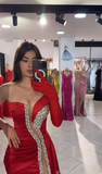 Sexy Red Mermaid One Shoulder With One Long Sleeve Satin Beads Slit Long Prom Dresses Formal Dress HZ1024