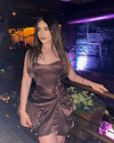 Brown Mermaid Strapless Satin Pleated Short Homecoming Dress 19th Birthday Outfits HZ1024