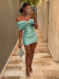 Classy Mermaid Off The Shoulder Satin Short Homecoming Dress 20th Birthday Outfits HZ1024