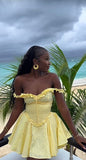 Off The Shoulder A Line Yellow Satin Hollow Short Homecoming Dress 18th Birthday Outfits HZ1024