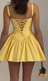 Embroidered A Line Spaghetti Straps Yellow Satin Short Homecoming Dress 19th Birthday Outfits HZ1024