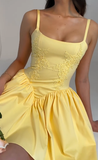 Embroidered A Line Spaghetti Straps Yellow Satin Short Homecoming Dress 19th Birthday Outfits HZ1024