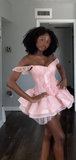 Cute Pink Ball Gown Off The Shoulder Satin Short Homecoming Dress 16th Birthday Outfits HZ1024