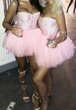 Lovely A Line Strapless Pink Satin Tulle Short Homecoming Dress 17th Birthday Outfits HZ1024