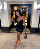 Charming Mermaid Spaghetti Straps Black Satin Short Homecoming Dress 20th Birthday Outfits HZ1024