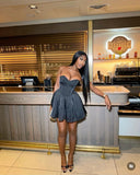 Elegant A Line Strapless Black Satin Short Homecoming Dress 18th Birthday Outfits HZ1024