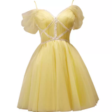 Elegant A Line Yellow Birthday Outfits Tulle Short Sleeves Homecoming Dresses HZ1024