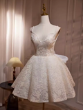 Simple A line Short Birthday Dress Lace White Homecoming Dresses With Bowknot HZ1024