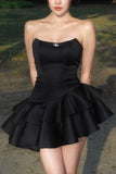 Chic Strapless Black Satin Short Prom Dresses Layered Black Homecoming Dresses HZ1024