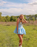 Cute A Line Square Pale Blue Satin Short Homecoming Dress 18th Birthday Outfits HZ1024