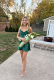 Classy A Line Spaghetti Straps Dark Green Satin Short Homecoming Dress 18th Birthday Outfits HZ1024