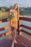 Chic Mermaid One Shoulder Orange Satin Ruffle Short Homecoming Dress 21th Birthday Outfits HZ1024