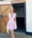 Sexy A Line V Neck Pink Satin Polka Dots Short Homecoming Dress 20th Birthday Outfits HZ1024