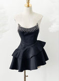 Unique A Line Strapless Black Layer Satin Beaded Short Homecoming Dress 19th Birthday Outfits HZ1024