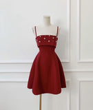 Chic A Line Spaghetti Straps Burgundy Satin Beaded Short Homecoming Dress 17th Birthday Outfits HZ1024