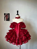 Vintage Ball Gown Red Off The Shoulder Layer Satin Lace Short Homecoming Dress 16th Birthday Outfits HZ1024
