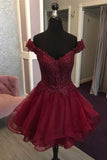 Burgundy Ball Gown Off The Shoulder Tulle Lace Sequin Short Homecoming Dress 19th Birthday Outfits HZ1024