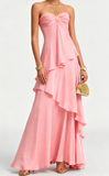 Pretty A Line Strapless Satin Ruffle Long Prom Dresses Formal Dress HZ1024