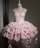 Cute Pink Ball Gown Spaghetti Straps Satin Ruffle Lace Short Homecoming Dress 17th Birthday Outfits HZ1024