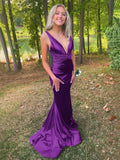 Sexy Mermaid Dark Purple V Neck Satin Pleated Long Prom Dresses Formal Dress HZ1024