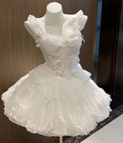 Princess Ball Gown White Spaghetti Straps Ruffles Chiffon Lace Short Homecoming Dress 16th Birthday Outfits HZ1024