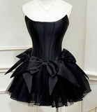Chic A line Black Strapless Short Homecoming Dress Satin Party Dress HZ1024