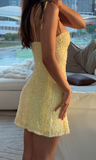 Shiny A Line Spaghetti Straps Pastel Yellow Sequin Short Homecoming Dress 18th Birthday Outfits HZ1024