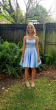 Cute A Line Spaghetti Straps Pale Blue Satin Short Homecoming Dress 17th Birthday Outfits HZ1024