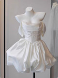 Pretty Ball Gown Off The Shoulder Satin Beads Short Homecoming Dress 18th Birthday Outfits HZ1024