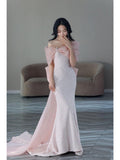 Pretty Mermaid Strapless Pink Sequin Long Evening Dress Prom Dresses With Bow HZ1024