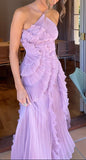 Unique Lilac A Line Halter Pleated Satin Long Prom Dress,Formal Dress HZ1024