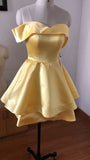 Yellow Cute A Line Off The Shoulder Layer Satin Short Homecoming Dress 17th Birthday Outfits HZ1024