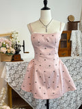 Cute Printed Bow Pink Satin A Line Spaghetti Straps Short Homecoming Dress 18th Birthday Outfits HZ1024