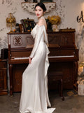 Vintage Mermaid High Neckline Long Sleeves Satin Lace Long White Wedding Dresses HZ1024