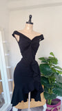 Modest Mermaid Black Off The Shoulder Satin Ruffle Short Homecoming Dress 20th Birthday Outfits HZ1024