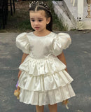 Pretty A Line Tiered Satin With Short Bubble Sleeves Flower Girl Dress HZ1024