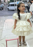 Pretty A Line Tiered Satin With Short Bubble Sleeves Flower Girl Dress HZ1024