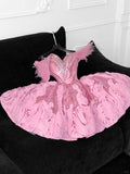 Gorgeous A Line Off The Shoulder Pink Tulle Beaded Short Homecoming Dress 19th Birthday Outfits HZ1024