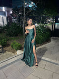 Simple A Line Dark Green Spaghetti Straps Satin Slit Long Prom Dress, Evening Dress HZ1024