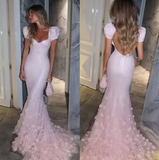 Pink Mermaid Sweetheart Tulle Sequin Flower With Short Bubble Sleeves Long Prom Dress, Evening Dress HZ1024