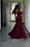 Formal Mermaid Off The Shoulder Burgundy Satin Slit Long Prom Dress, Evening Dress HZ1024