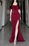 Formal Mermaid Off The Shoulder Burgundy Satin Slit Long Prom Dress, Evening Dress HZ1024