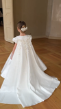 Princess A Line Satin Applique With Short Sleeves Flower Girl Dress HZ1024