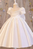 Simple A Line Pleated Satin With Short Sleeves Flower Girl Dress HZ1024