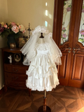 Vintage Princess A Line Tiered Satin Lace With Short Sleeves Flower Girl Dress HZ1024