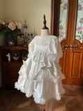 Vintage Princess A Line Tiered Satin Lace With Short Sleeves Flower Girl Dress HZ1024
