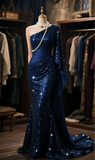 Formal Mermaid Navy Satin Sequin One Shoulder Cape Long Prom Dress, Evening Dress HZ1024